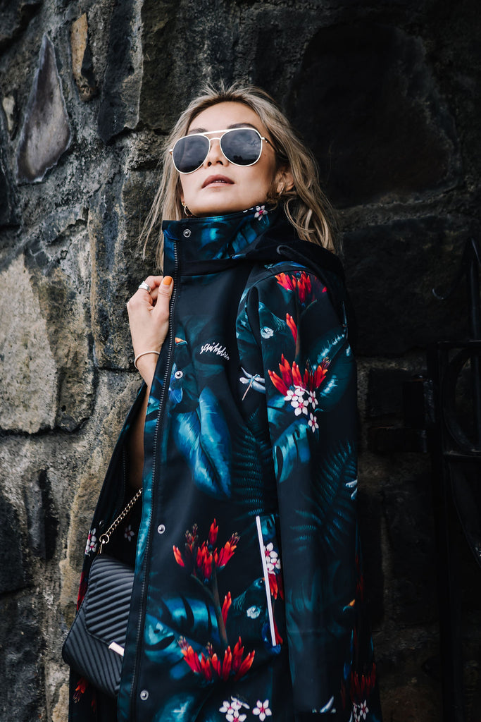 Scribbler tui luxe velvet fleece lined coat, featuring the Tui, flax flowers and manuka flowers, New Zealand design, winter coat