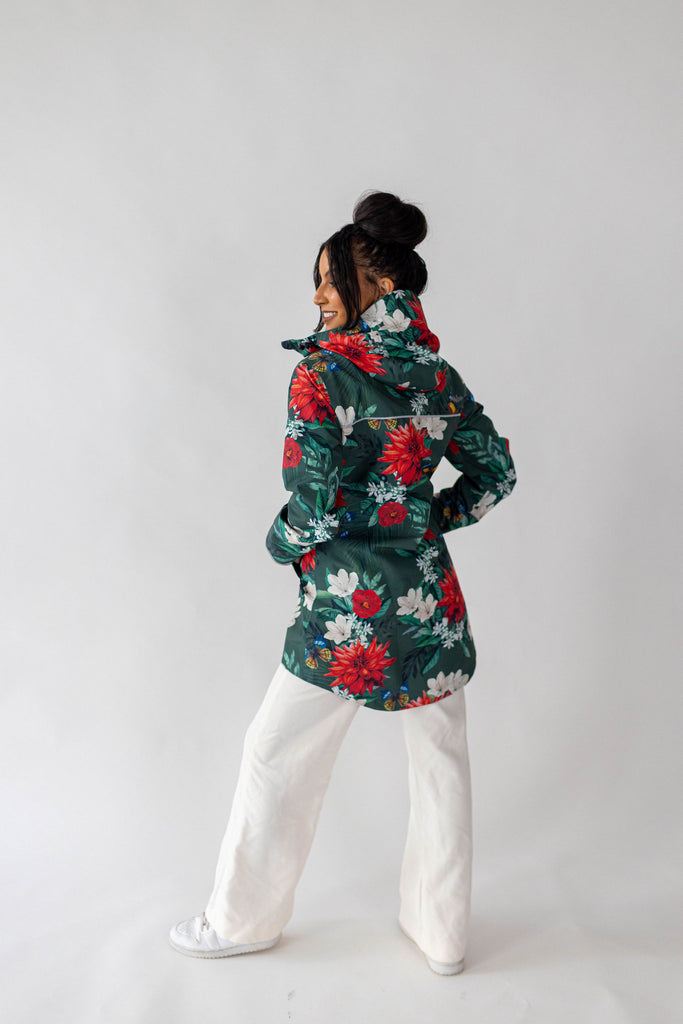 Jardin Scribbler mesh-lined rain jacket, green botanical floral print, raincoat, colourful printed hooded rain wear, waterproof jacket for women, lightweight, plus size raincoat, New Zealand design, PFA free, recycled plastic fabrics.
