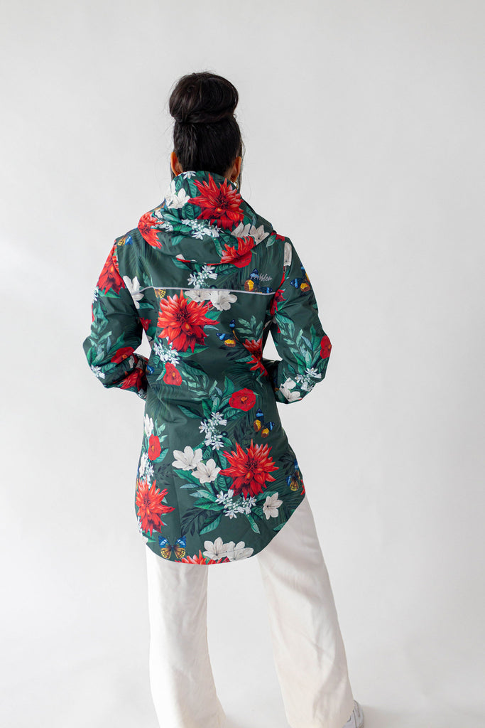 Jardin Scribbler mesh-lined rain jacket, green botanical floral print, raincoat, colourful printed hooded rain wear, waterproof jacket for women, lightweight, plus size raincoat, New Zealand design, PFA free, recycled plastic fabrics.