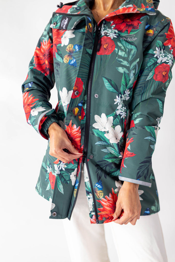 Jardin Scribbler mesh-lined rain jacket, green botanical floral print, raincoat, colourful printed hooded rain wear, waterproof jacket for women, lightweight, plus size raincoat, New Zealand design, PFA free, recycled plastic fabrics. Two-way zipper, two headed zip YKK.