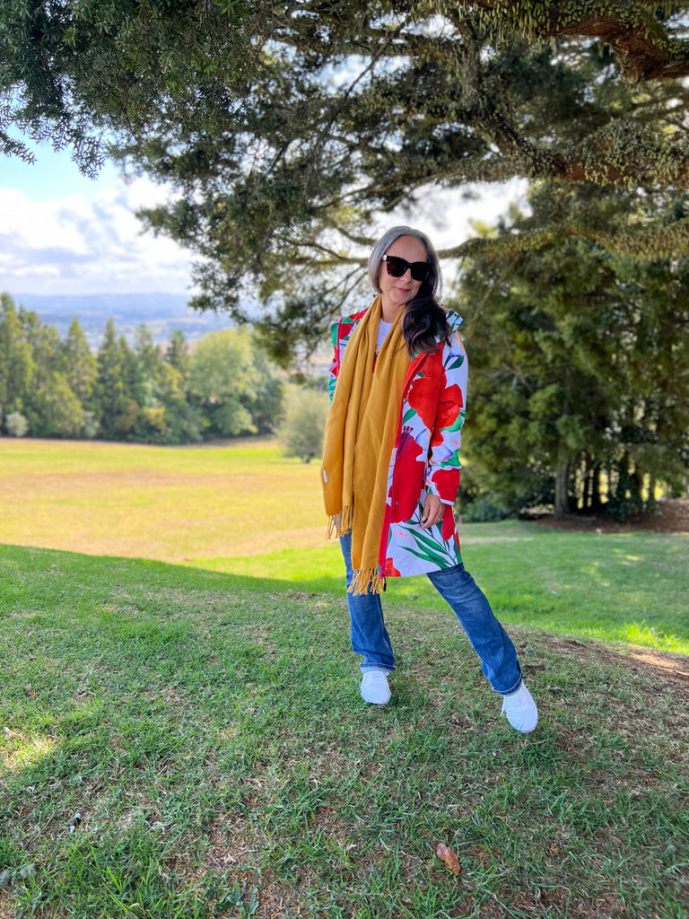 St Tropez Scribbler mesh-lined rain jacket, tropical, floral print, raincoat, colourful printed rain wear, waterproof jacket for women, lightweight, plus size raincoat, New Zealand design