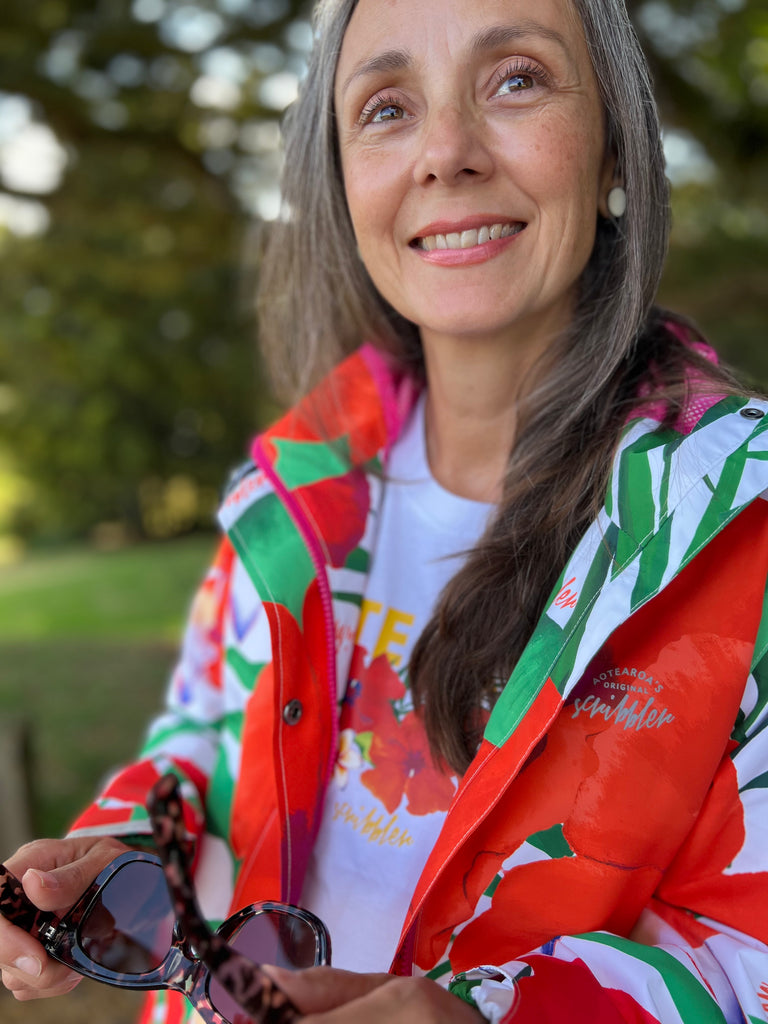 St Tropez Scribbler mesh-lined rain jacket, tropical, floral print, hibiscus flower, raincoat, colourful printed rain wear, waterproof jacket for women, lightweight, plus size raincoat, New Zealand design