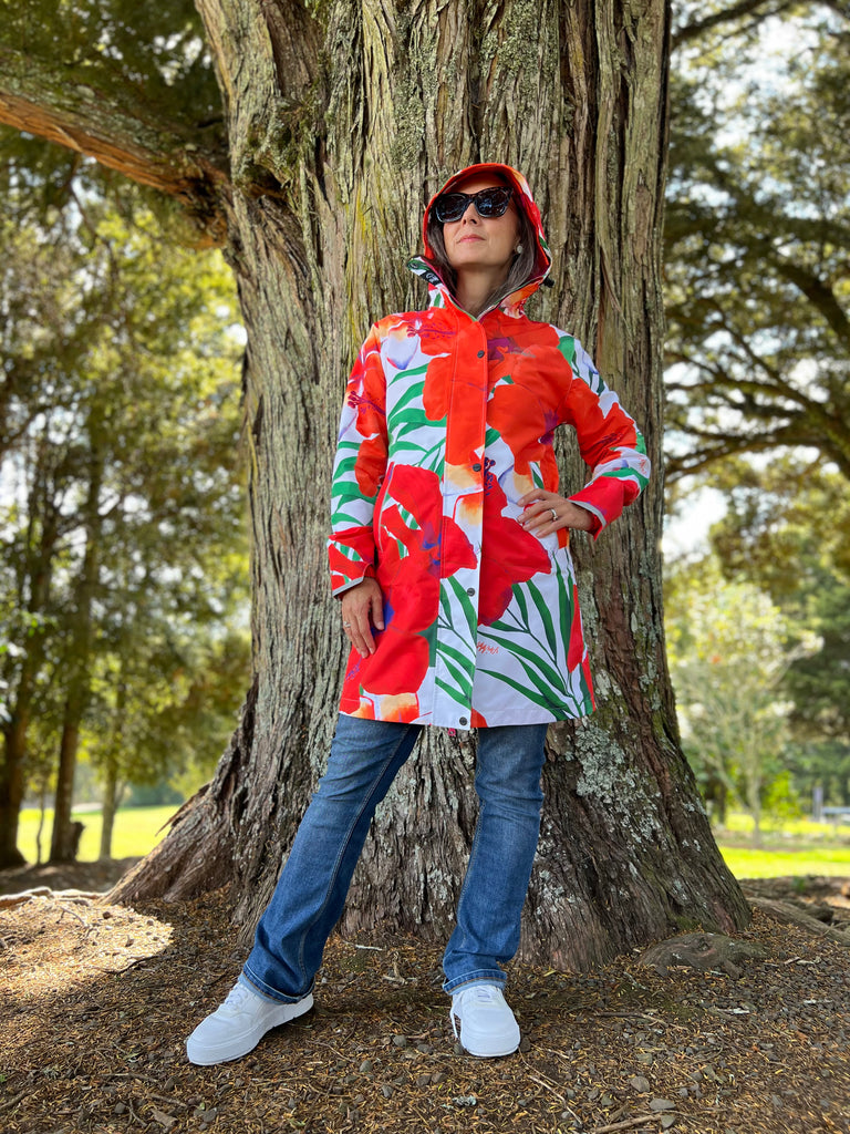 St Tropez Scribbler mesh-lined rain jacket, tropical, floral print, raincoat, colourful printed rain wear, waterproof jacket for women, lightweight, plus size raincoat, New Zealand design