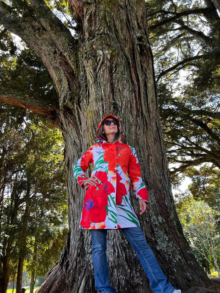 St Tropez Scribbler mesh-lined rain jacket, tropical, floral print, raincoat, colourful printed rain wear, waterproof jacket for women, lightweight, plus size raincoat, New Zealand design