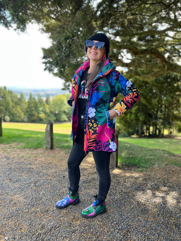 New Paradise Scribbler mesh-lined rain jacket, tropical animal floral print, raincoat, colourful printed rain wear, waterproof jacket for women, lightweight, plus size raincoat, New Zealand design