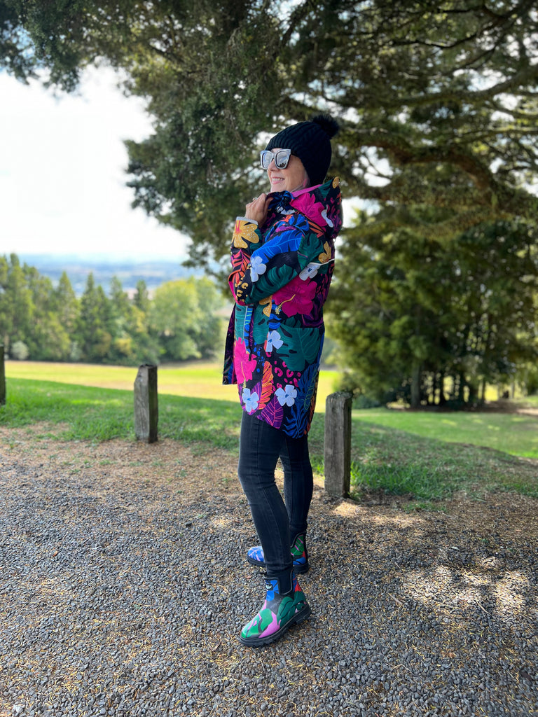 New Paradise Scribbler mesh-lined rain jacket, tropical animal floral print, raincoat, colourful printed rain wear, waterproof jacket for women, lightweight, plus size raincoat, New Zealand design