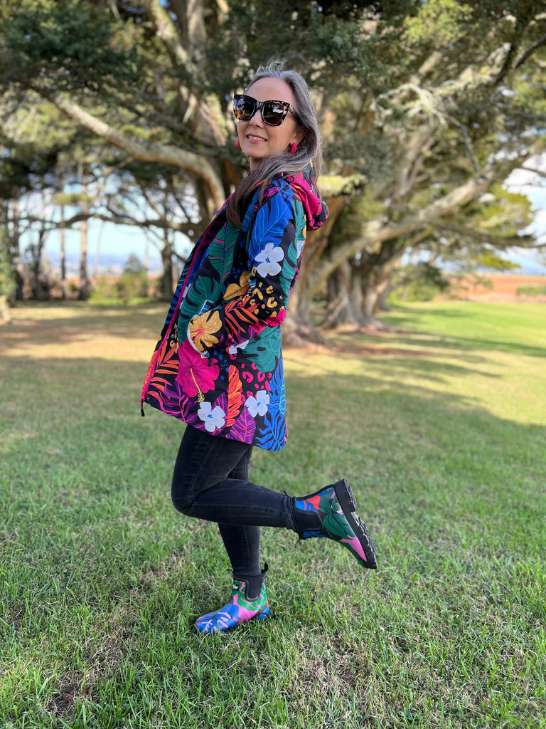 New Paradise Scribbler mesh-lined rain jacket, tropical animal floral print, raincoat, colourful printed rain wear, waterproof jacket for women, lightweight, plus size raincoat, New Zealand design
