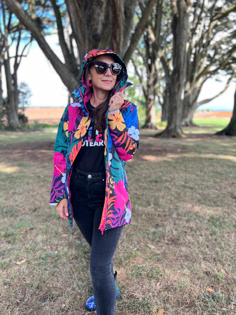 New Paradise Scribbler mesh-lined rain jacket, tropical animal floral print, raincoat, colourful printed rain wear, waterproof jacket for women, lightweight, plus size raincoat, New Zealand design