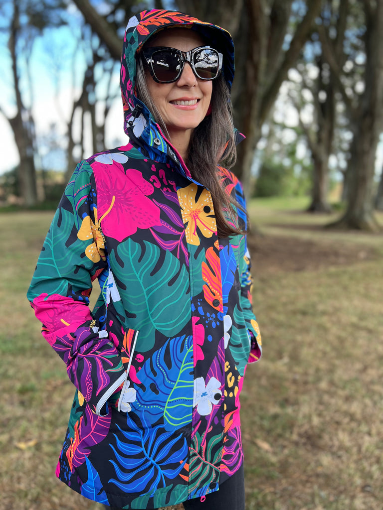 New Paradise Scribbler mesh-lined rain jacket, tropical animal floral print, raincoat, colourful printed rain wear, waterproof jacket for women, lightweight, plus size raincoat, New Zealand design