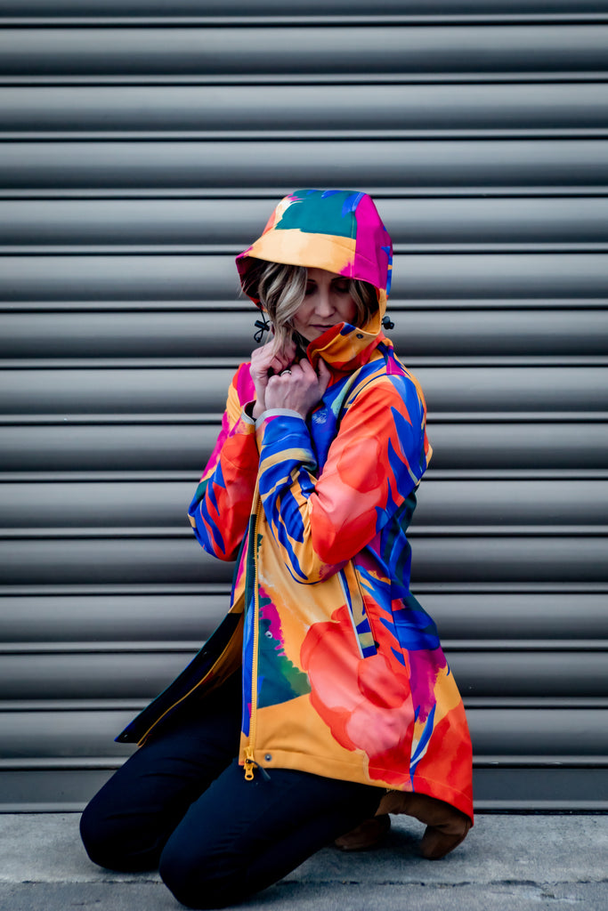 Caribe fleece bonded womens waterproof raincoat, yellow, mustard, cobalt blue, magenta pink, plus size, NZ design, rain jacket, waterproof parka, winter coat, travel, wind proof, Scribbler, floral coat, USA winter coat, Canada waterproof winter parka