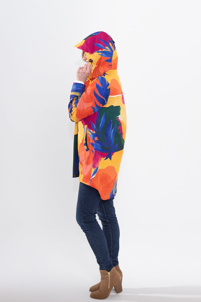 Caribe fleece bonded softshell womens waterproof raincoat, yellow, mustard, cobalt blue, magenta pink, plus size, NZ design, rain jacket, waterproof parka, winter coat, travel, wind proof, Scribbler, floral coat, USA winter coat, Canada waterproof winter parka