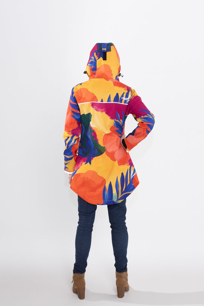 Caribe fleece bonded softshell womens waterproof raincoat, yellow, mustard, cobalt blue, magenta pink, plus size, NZ design, rain jacket, waterproof parka, winter coat, travel, wind proof, Scribbler, floral coat, USA winter coat, Canada waterproof winter parka