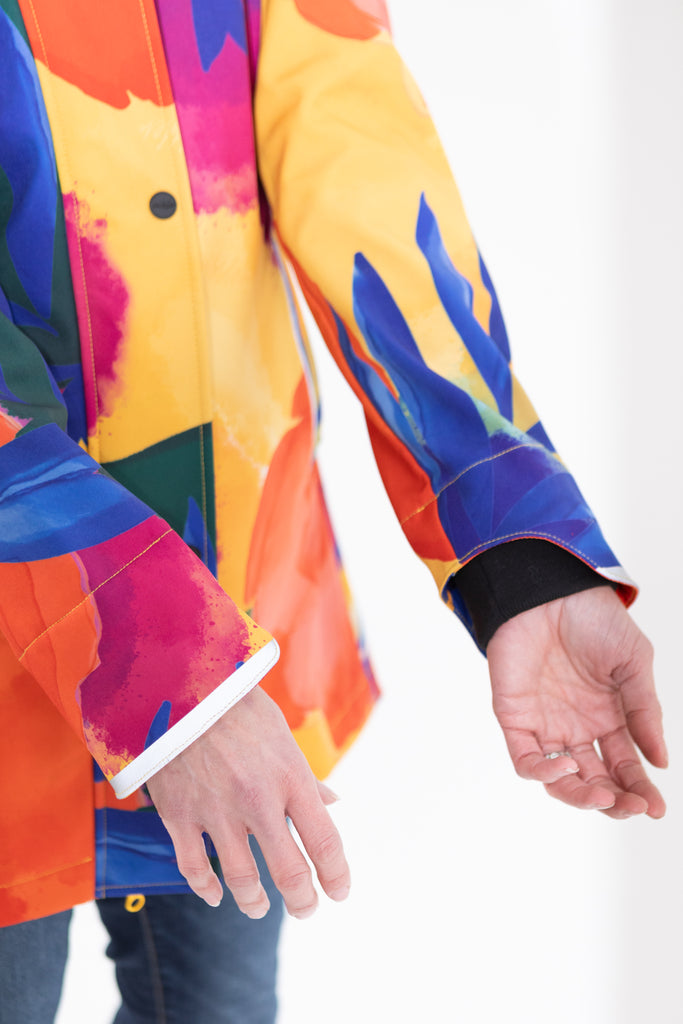 Caribe fleece bonded softshell womens waterproof raincoat, yellow, mustard, cobalt blue, magenta pink, plus size, NZ design, rain jacket, waterproof parka, winter coat, travel, wind proof, Scribbler, floral coat, USA winter coat, Canada waterproof winter parka