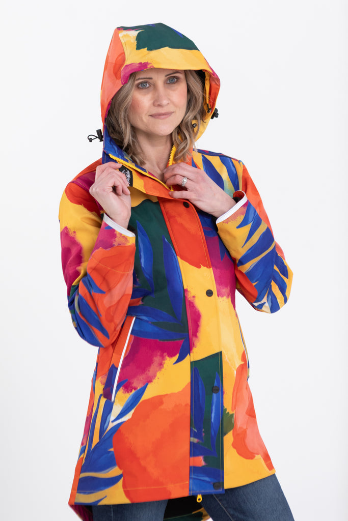 Caribe fleece bonded softshell womens waterproof raincoat, yellow, mustard, cobalt blue, magenta pink, plus size, NZ design, rain jacket, waterproof parka, winter coat, travel, wind proof, Scribbler, floral coat, USA winter coat, Canada waterproof winter parka