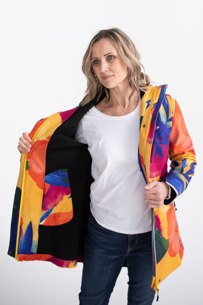 Caribe fleece bonded softshell womens waterproof raincoat, yellow, mustard, cobalt blue, magenta pink, plus size, NZ design, rain jacket, waterproof parka, winter coat, travel, wind proof, Scribbler, floral coat, USA winter coat, Canada waterproof winter parka