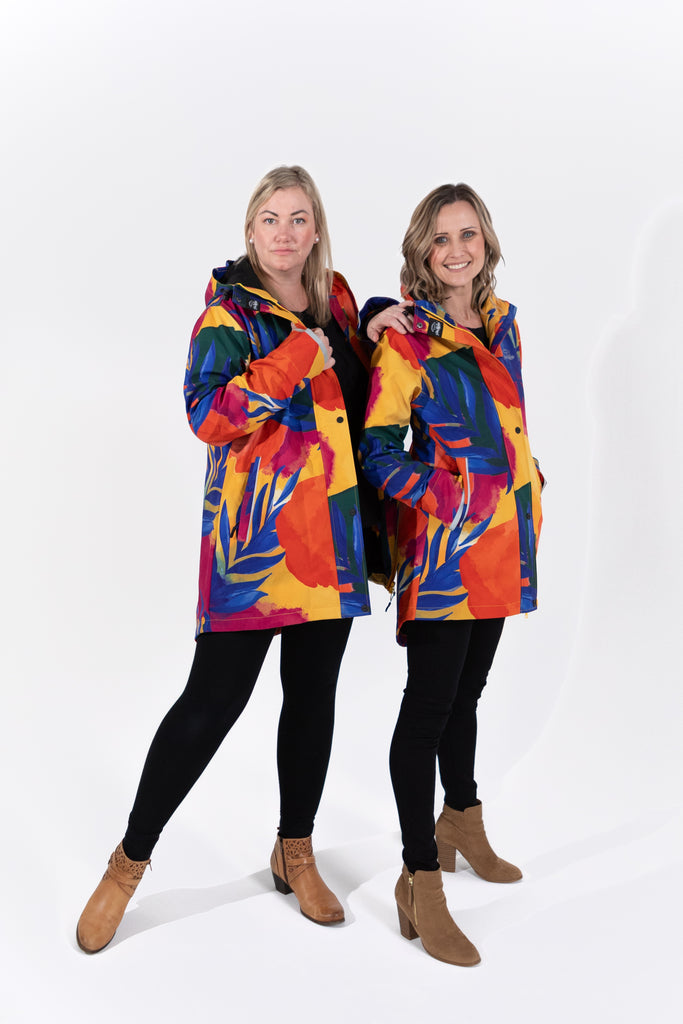 Caribe fleece bonded softshell womens waterproof raincoat, yellow, mustard, cobalt blue, magenta pink, plus size, NZ design, rain jacket, waterproof parka, winter coat, travel, wind proof, Scribbler, floral coat, USA winter coat, Canada waterproof winter parka