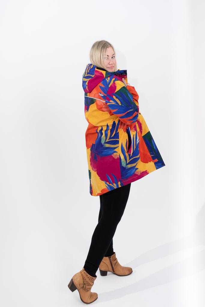 Caribe fleece bonded softshell womens waterproof raincoat, yellow, mustard, cobalt blue, magenta pink, plus size, NZ design, rain jacket, waterproof parka, winter coat, travel, wind proof, Scribbler, floral coat, USA winter coat, Canada waterproof winter parka