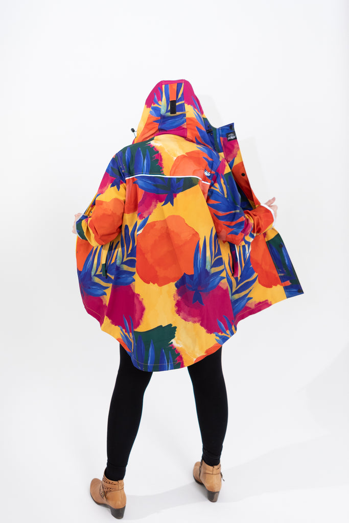 Caribe fleece bonded softshell womens waterproof raincoat, yellow, mustard, cobalt blue, magenta pink, plus size, NZ design, rain jacket, waterproof parka, winter coat, travel, wind proof, Scribbler, floral coat, USA winter coat, Canada waterproof winter parka