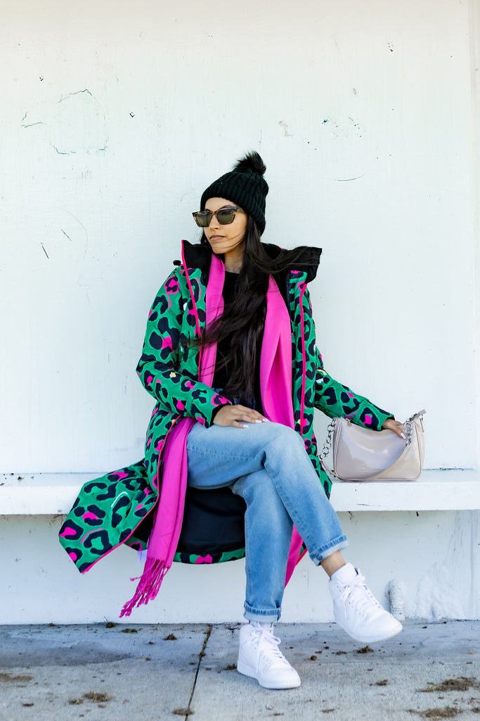 Leopard Pop longline puffer coat for women, waterproof insulated coat kelly green, bright pink, colourful puffer coat, plus size, NZ design, waterproof quilted coat, waterproof puffer jacket, winter coat, travel, wind proof, Scribbler, animal print coat, leopard printed waterproof winter long quilted coat, free shipping