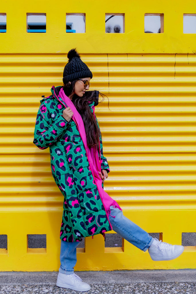 Leopard Pop longline puffer coat for women, waterproof insulated coat kelly green, bright pink, colourful puffer coat, plus size, NZ design, waterproof quilted coat, waterproof puffer jacket, winter coat, travel, wind proof, Scribbler, animal print coat, leopard printed waterproof winter long quilted coat, free shipping