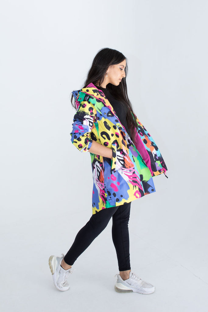 Neon Safari Scribbler mesh-lined rain jacket, animal print, raincoat, colourful printed rain wear, waterproof jacket for women, lightweight, plus size raincoat, New Zealand design