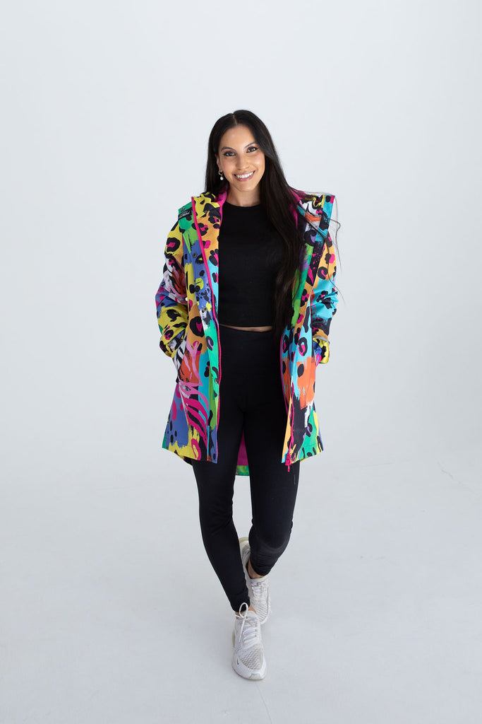 Neon Safari Scribbler mesh-lined rain jacket, animal print, raincoat, colourful printed rain wear, waterproof jacket for women, lightweight, plus size raincoat, New Zealand design