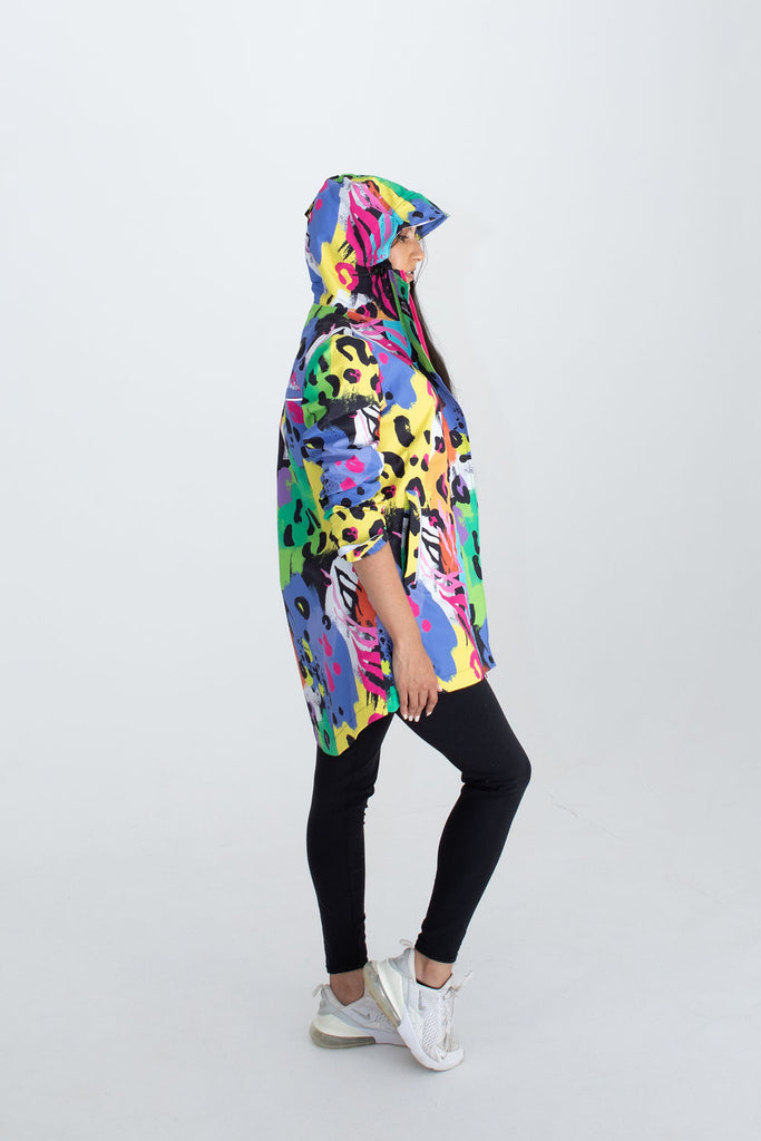 Neon Safari Scribbler mesh-lined rain jacket, animal print, raincoat, colourful printed rain wear, waterproof jacket for women, lightweight, plus size raincoat, New Zealand design