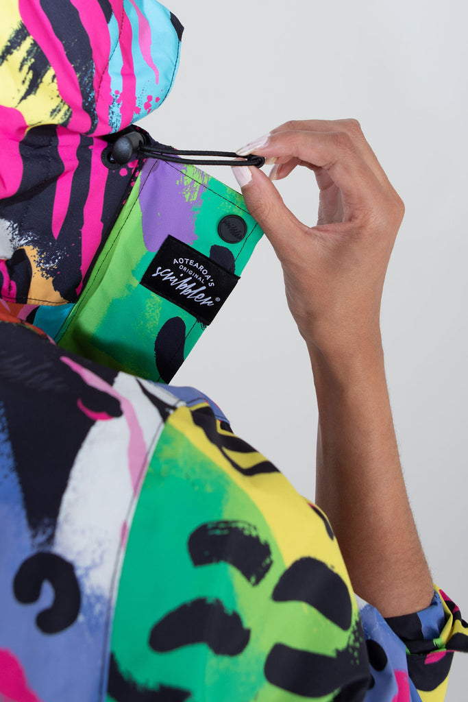 Neon Safari Scribbler mesh-lined rain jacket, animal print, raincoat, colourful printed rain wear, waterproof jacket for women, lightweight, plus size raincoat, New Zealand design