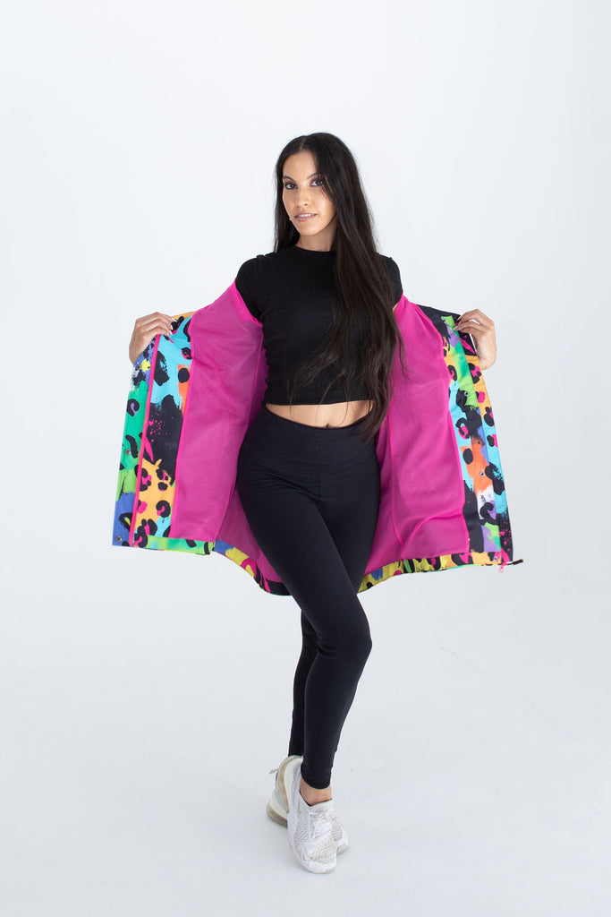 Neon Safari Scribbler mesh-lined rain jacket, animal print, raincoat, colourful printed rain wear, waterproof jacket for women, lightweight, plus size raincoat, New Zealand design