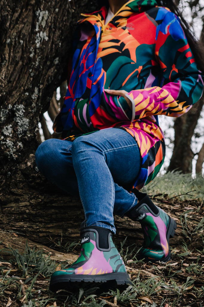 Scribbler rain boots, waterproof ankle gumboots for women, rain wellies for ladies, outerwear, waterproof, natural rubber boots, lightweight, neoprene lining, sustainable fashion, winter boots, tropical Carnaval printed Chelsea boots, carnival print, camping boots, stylish boots, colourful printed boots, best ankle gum boots, NZ design, New Zealand designer, handmade, dog walking boots, camping gear, gardening boots