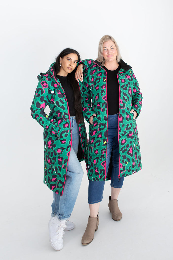 Leopard Pop longline puffer coat for women, waterproof insulated coat kelly green, bright pink, colourful puffer coat, plus size, NZ design, waterproof quilted coat, waterproof puffer jacket, winter coat, travel, wind proof, Scribbler, animal print coat, leopard printed waterproof winter long quilted coat, free shipping