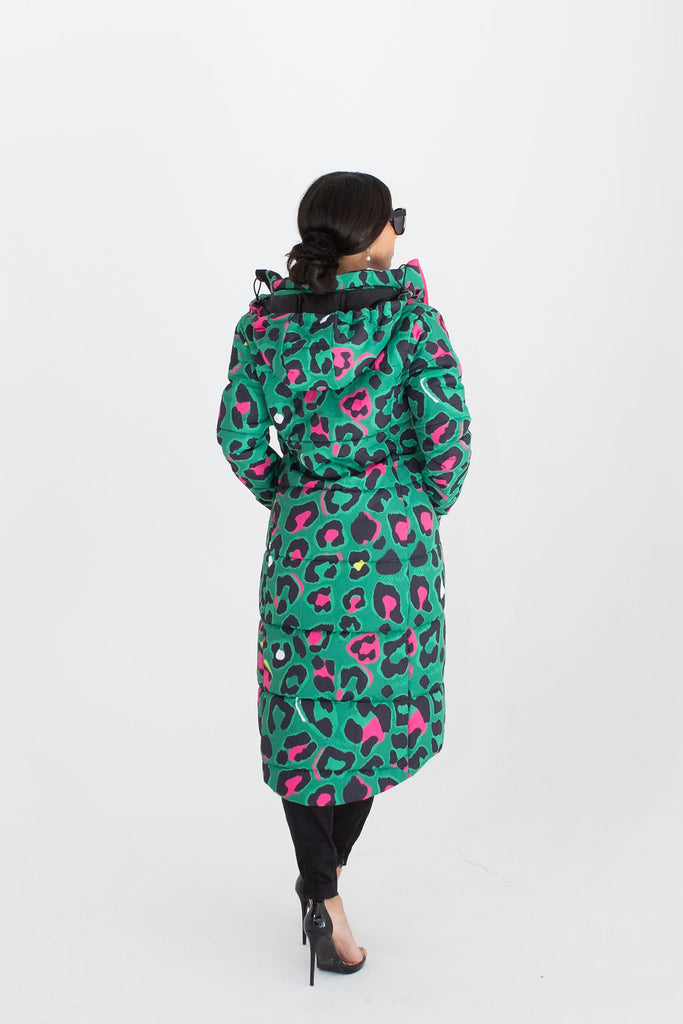 Leopard Pop longline puffer coat for women, waterproof insulated coat kelly green, bright pink, colourful puffer coat, plus size, NZ design, waterproof quilted coat, waterproof puffer jacket, winter coat, travel, wind proof, Scribbler, animal print coat, leopard printed waterproof winter long quilted coat, free shipping