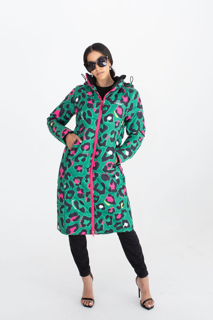 Leopard Pop longline puffer coat for women, waterproof insulated coat kelly green, bright pink, colourful puffer coat, plus size, NZ design, waterproof quilted coat, waterproof puffer jacket, winter coat, travel, wind proof, Scribbler, animal print coat, leopard printed waterproof winter long quilted coat, free shipping