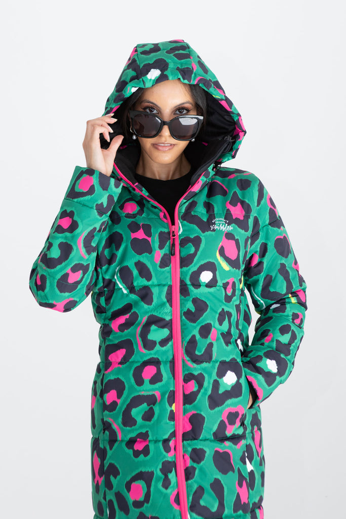 Leopard Pop longline puffer coat for women, waterproof insulated coat kelly green, bright pink, colourful puffer coat, plus size, NZ design, waterproof quilted coat, waterproof puffer jacket, winter coat, travel, wind proof, Scribbler, animal print coat, leopard printed waterproof winter long quilted coat, free shipping