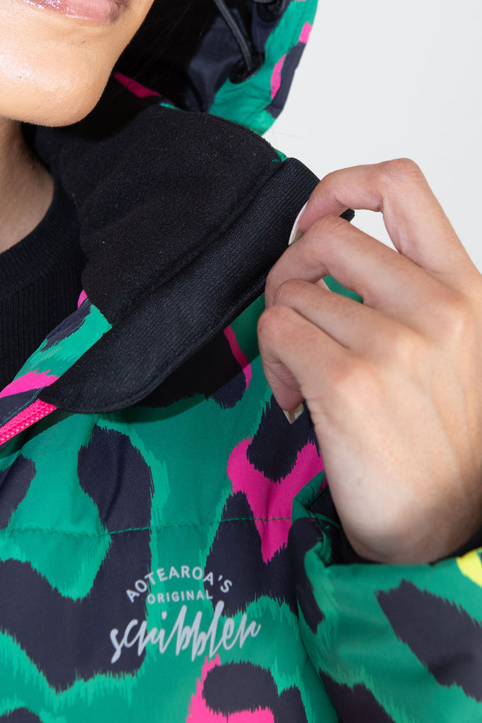 Leopard Pop longline puffer coat for women, waterproof insulated coat kelly green, bright pink, colourful puffer coat, plus size, NZ design, waterproof quilted coat, waterproof puffer jacket, winter coat, travel, wind proof, Scribbler, animal print coat, leopard printed waterproof winter long quilted coat, free shipping