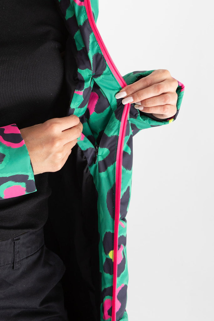 Leopard Pop longline puffer coat for women, waterproof insulated coat kelly green, bright pink, colourful puffer coat, plus size, NZ design, waterproof quilted coat, waterproof puffer jacket, winter coat, travel, wind proof, Scribbler, animal print coat, leopard printed waterproof winter long quilted coat, free shipping