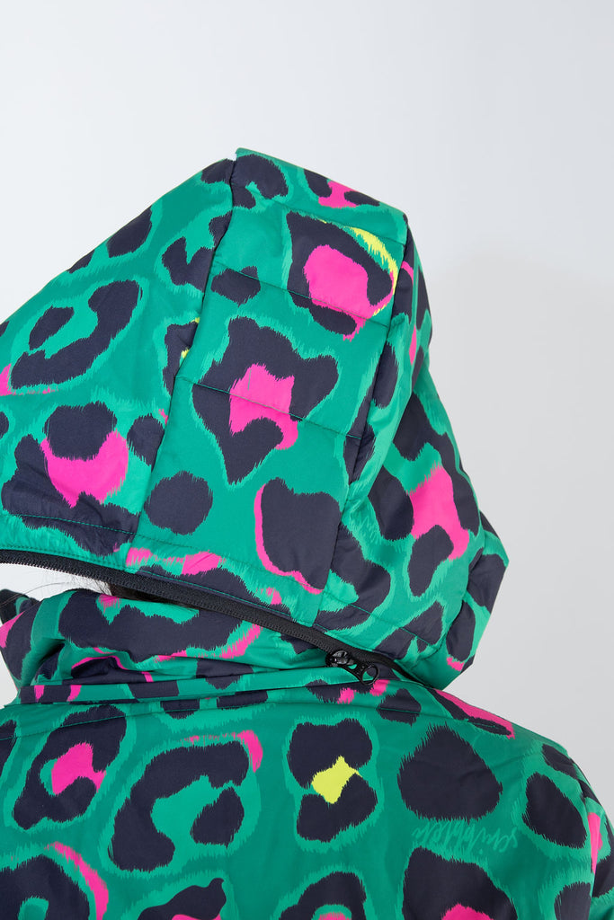 Leopard Pop longline puffer coat for women, waterproof insulated coat kelly green, bright pink, colourful puffer coat, plus size, NZ design, waterproof quilted coat, waterproof puffer jacket, winter coat, travel, wind proof, Scribbler, animal print coat, leopard printed waterproof winter long quilted coat, free shipping, zip off hood