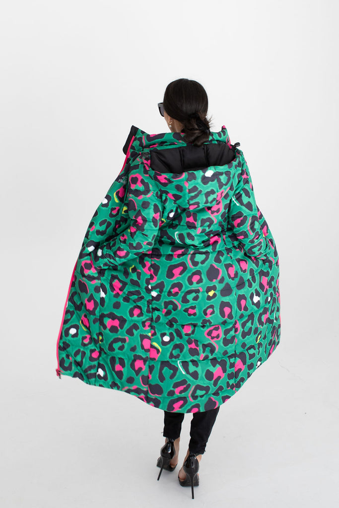 Leopard Pop longline puffer coat for women, waterproof insulated coat kelly green, bright pink, colourful puffer coat, plus size, NZ design, waterproof quilted coat, waterproof puffer jacket, winter coat, travel, wind proof, Scribbler, animal print coat, leopard printed waterproof winter long quilted coat, free shipping