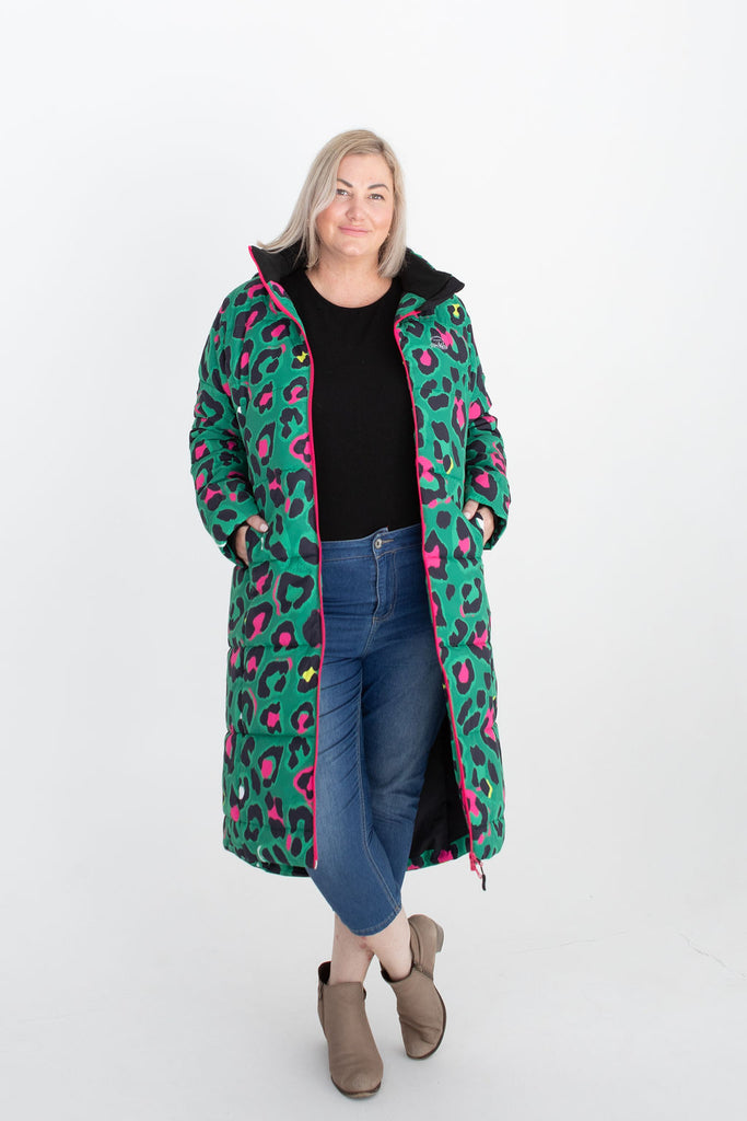 Leopard Pop longline puffer coat for women, waterproof insulated coat kelly green, bright pink, colourful puffer coat, plus size, NZ design, waterproof quilted coat, waterproof puffer jacket, winter coat, travel, wind proof, Scribbler, animal print coat, leopard printed waterproof winter long quilted coat, free shipping