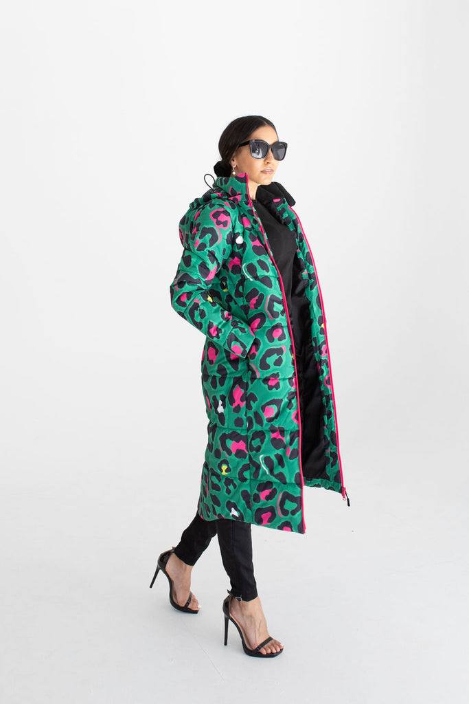 Leopard Pop longline puffer coat for women, waterproof insulated coat kelly green, bright pink, colourful puffer coat, plus size, NZ design, waterproof quilted coat, waterproof puffer jacket, winter coat, travel, wind proof, Scribbler, animal print coat, leopard printed waterproof winter long quilted coat, free shipping