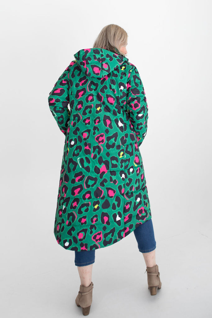 Leopard Pop longline puffer coat for women, waterproof insulated coat kelly green, bright pink, colourful puffer coat, plus size, NZ design, waterproof quilted coat, waterproof puffer jacket, winter coat, travel, wind proof, Scribbler, animal print coat, leopard printed waterproof winter long quilted coat, free shipping