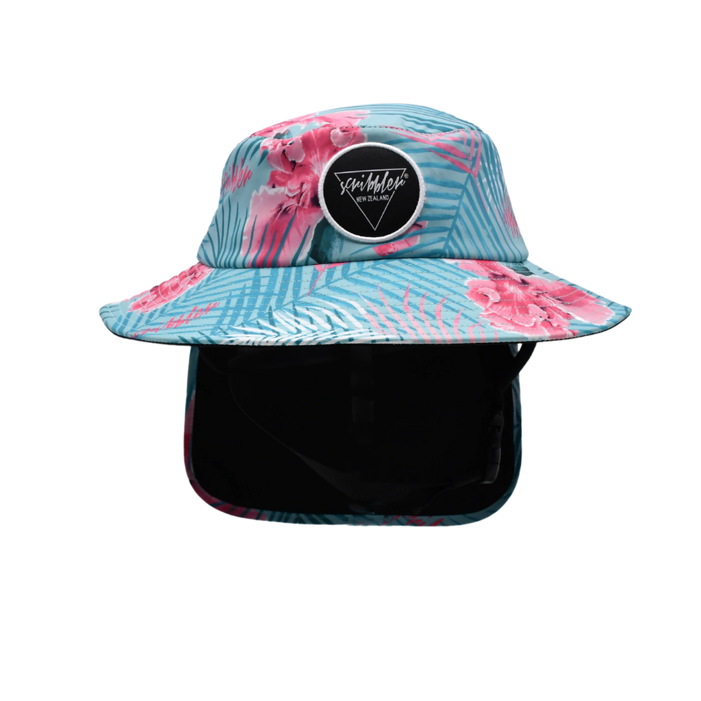 Surf hat for women, floral sun hat, water sports hat for ladies, colourful sports cap, Scribbler hat, surfing, kayaking, head wear, SUP, body boarding, sailing, fishing, sun protection, slap on a hat, sun smart, sun safe, New Zealand, kiwi, NZ