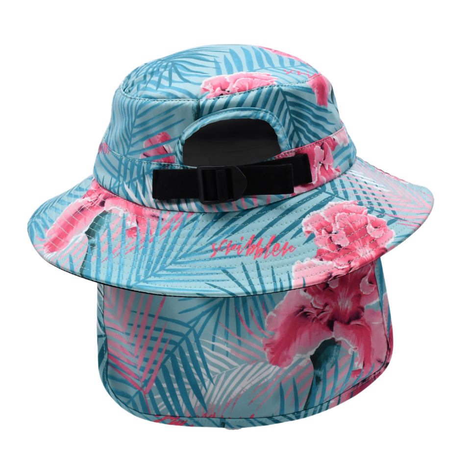 Surf hat for women, floral sun hat, water sports hat for ladies, colourful sports cap, Scribbler hat, surfing, kayaking, head wear, SUP, body boarding, sailing, fishing, sun protection, slap on a hat, sun smart, sun safe, New Zealand, kiwi, NZ