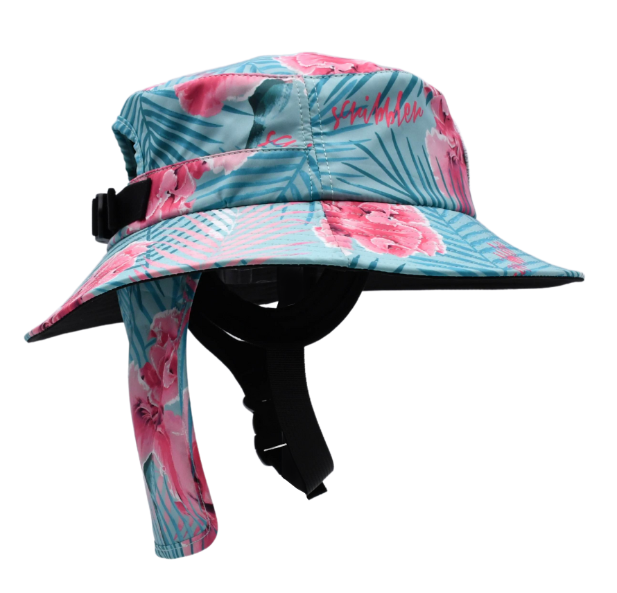 Surf hat for women, floral sun hat, water sports hat for ladies, colourful sports cap, Scribbler hat, surfing, kayaking, head wear, SUP, body boarding, sailing, fishing, sun protection, slap on a hat, sun smart, sun safe, New Zealand, kiwi, NZ