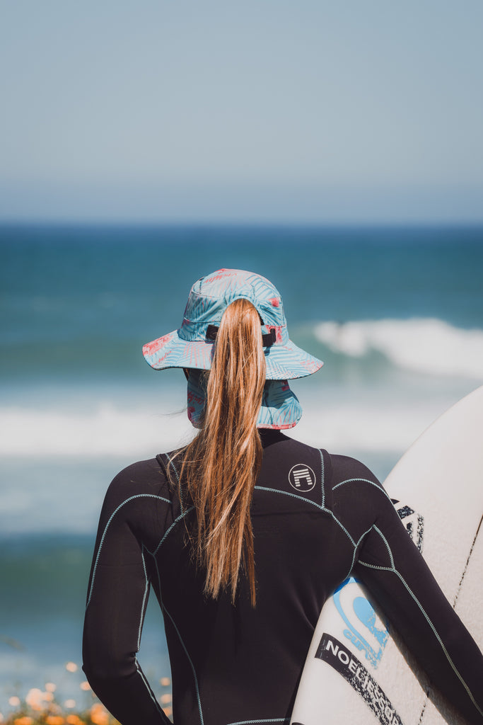 Surf hat for women, floral sun hat, water sports hat for ladies, colourful sports cap, Scribbler hat, surfing, kayaking, head wear, SUP, body boarding, sailing, fishing, sun protection, slap on a hat, sun smart, sun safe, New Zealand, kiwi, NZ, Paige Hareb