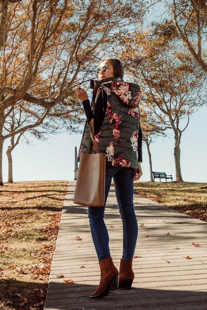 Scribbler waterproof puffer vest, Military Peony print, green puffer vest, waterproof gilet, recycled fabric, recycled puffer, conscious fashion, plus size vest, floral vest, removable hood, botanical print, printed vest, colourful vest, quilted vest, plus size vest, plus size