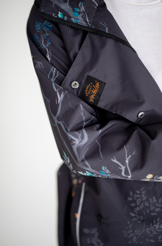 Scribbler Botany Luxe trench coat, trench style rain coat, rain jacket, floral trench coat, waterproof, longer length coat, rainwear, New Zealand designer, floral trench, dark brown coat, winter coat, japanese branches, plus size coat, curvy fashion