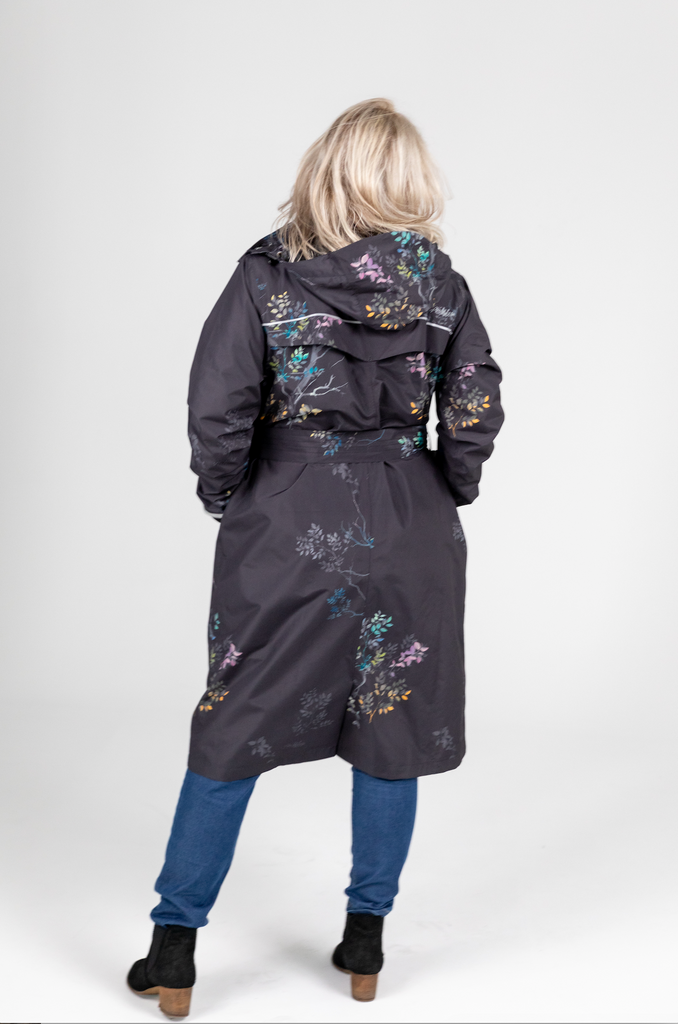 Scribbler Botany Luxe trench coat, trench style rain coat, rain jacket, floral trench coat, waterproof, longer length coat, rainwear, New Zealand designer, floral trench, dark brown coat, winter coat, japanese branches, plus size coat, curvy fashion
