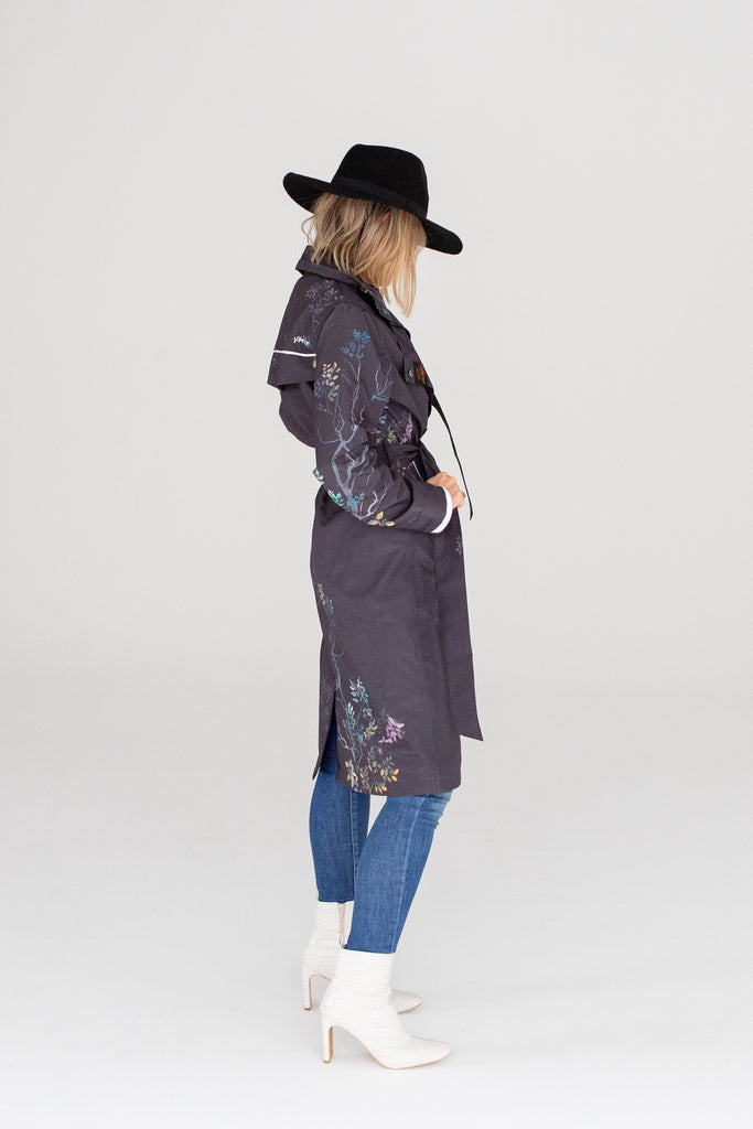 Scribbler Botany Luxe trench coat, trench style rain coat, rain jacket, floral trench coat, waterproof, longer length coat, rainwear, New Zealand designer, floral trench, dark brown coat, winter coat, japanese branches, plus size coat, curvy fashion, waterproof jacket, hooded raincoat, lightweight rain jacket, rain gear, outdoor clothing, breathable rain jacket, windproof jacket, rainwear