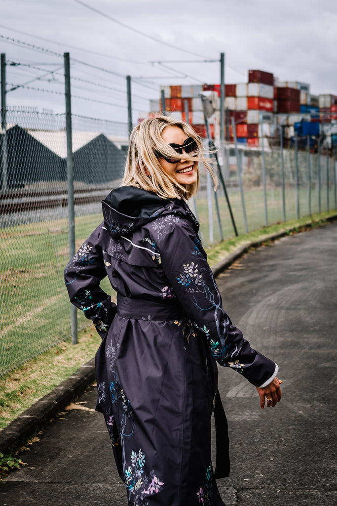 Scribbler Botany Luxe trench coat, trench style rain coat, rain jacket, floral trench coat, waterproof, longer length coat, rainwear, New Zealand designer, floral trench, dark brown coat, winter coat, japanese branches, plus size coat, curvy fashion, waterproof jacket, hooded raincoat, lightweight rain jacket, rain gear, outdoor clothing, breathable rain jacket, windproof jacket, rainwear